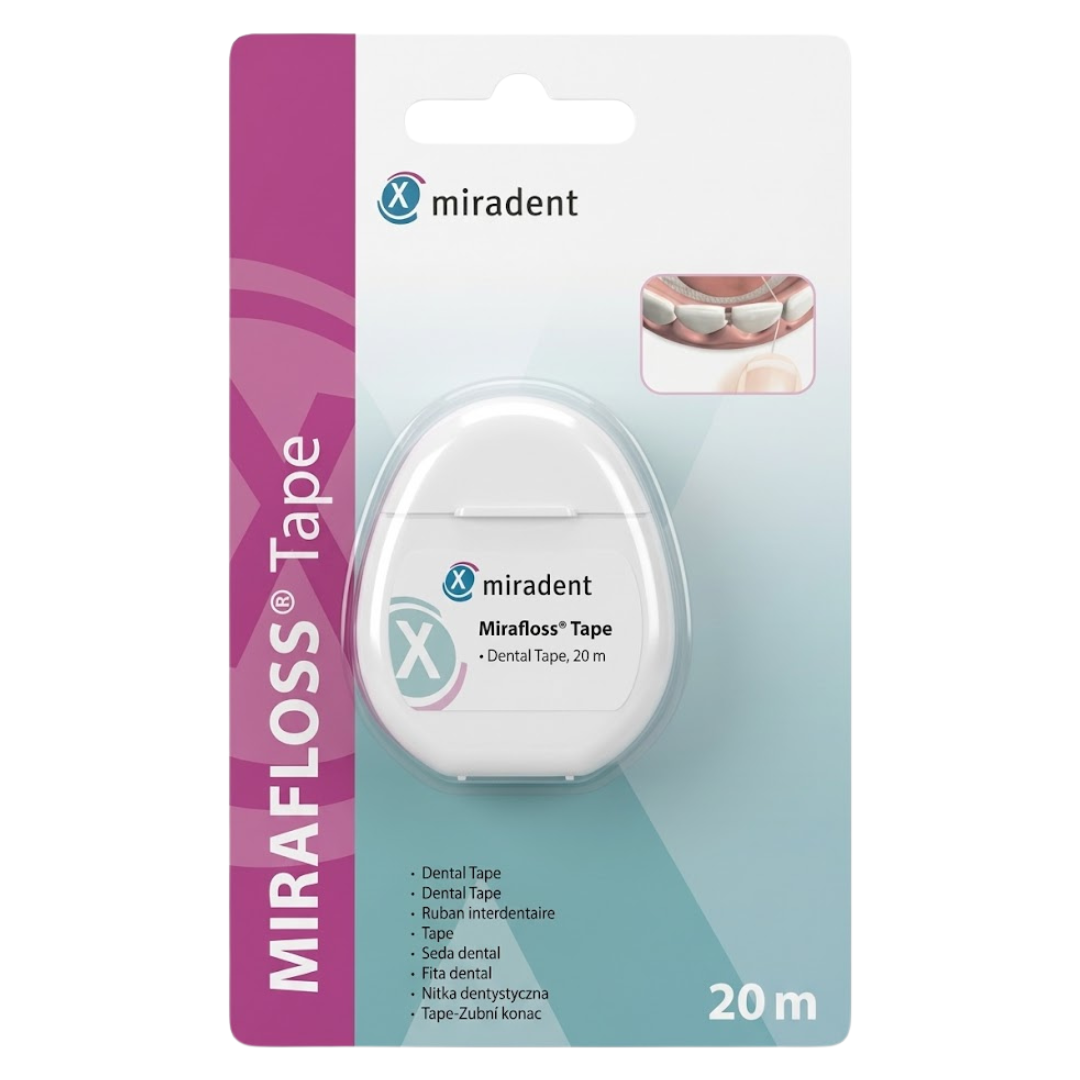 Miradent Mirafloss Tape, blister avec boîtier blanc de ruban dentaire 20 m