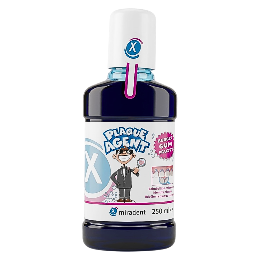 Miradent Plaque Agent 250 ml, flacon bleu foncé révélateur de plaque dentaire goût bubble gum