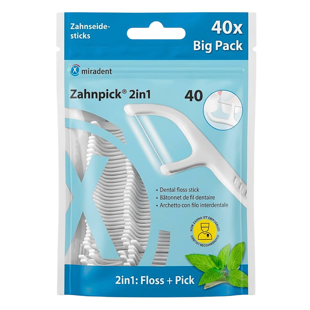 Miradent Zahnpick 2 en 1, sachet bleu de 40 bâtonnets porte-fil dentaire à la menthe
