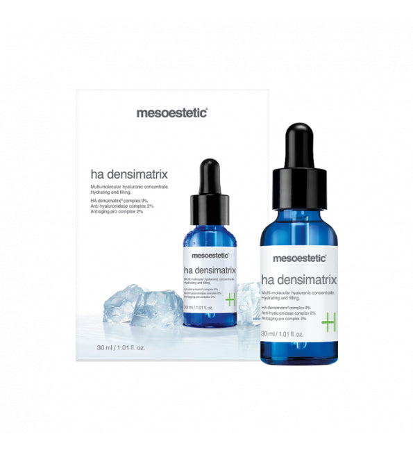 Mesoestetic HA Densimatrix 30 ml, boîte et flacon compte-gouttes bleu, sérum à l'acide hyaluronique