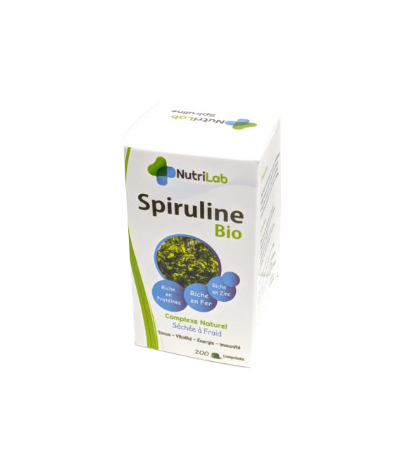 Nutrilab Spiruline Bio, boîte de comprimés, complexe naturel séché à froid riche en protéines, fer et zinc