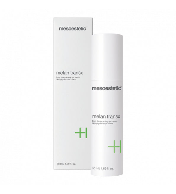 Mesoestetic Melan Tran3x gel-crème 50 ml, boîte et flacon airless blancs, soin anti-taches à l'acide tranexamique