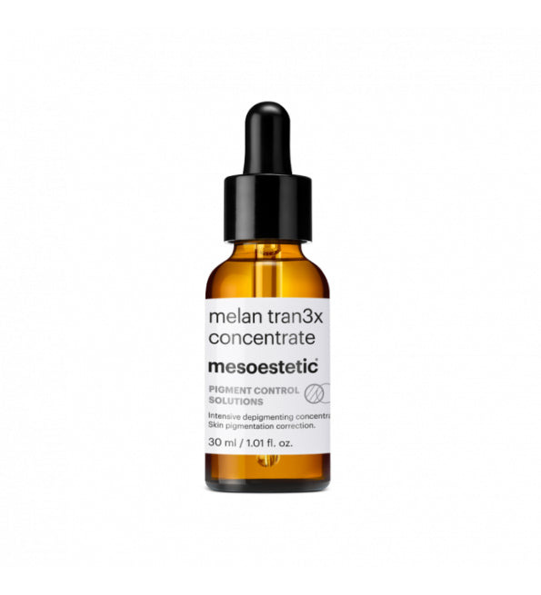 Mesoestetic Melan Tran3x Concentrate 30 ml, flacon compte-gouttes ambré, sérum anti-taches à l'acide tranexamique