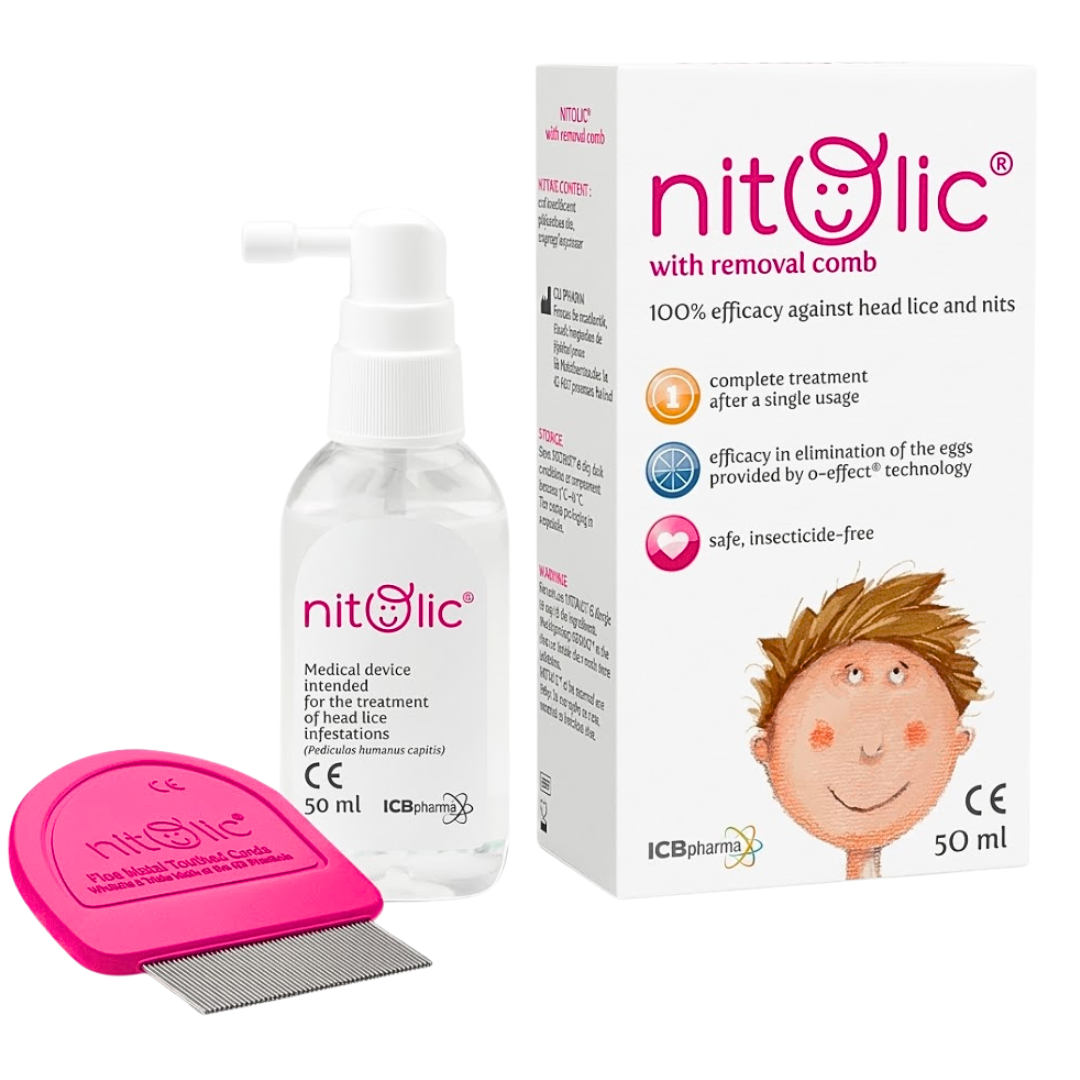 Nitolic spray anti-poux 50 ml, flacon, boîte et peigne fin rose pour poux et lentes