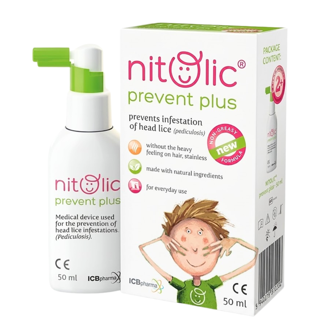 Nitolic Prevent Plus 50 ml, flacon spray vert et blanc et boîte de prévention des poux