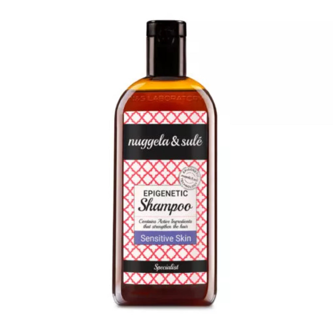 Nuggela & Sulé Shampooing Épigénétique Peaux Sensibles 250 ml, flacon ambré étiquette rose, Sensitive Skin