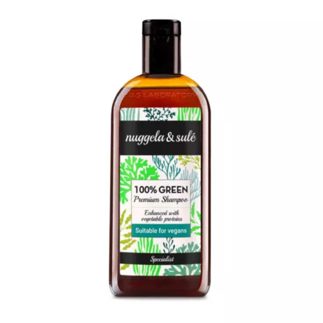 Nuggela & Sulé Shampooing Premium 100% Green 250 ml, flacon ambré étiquette végétale verte, vegan