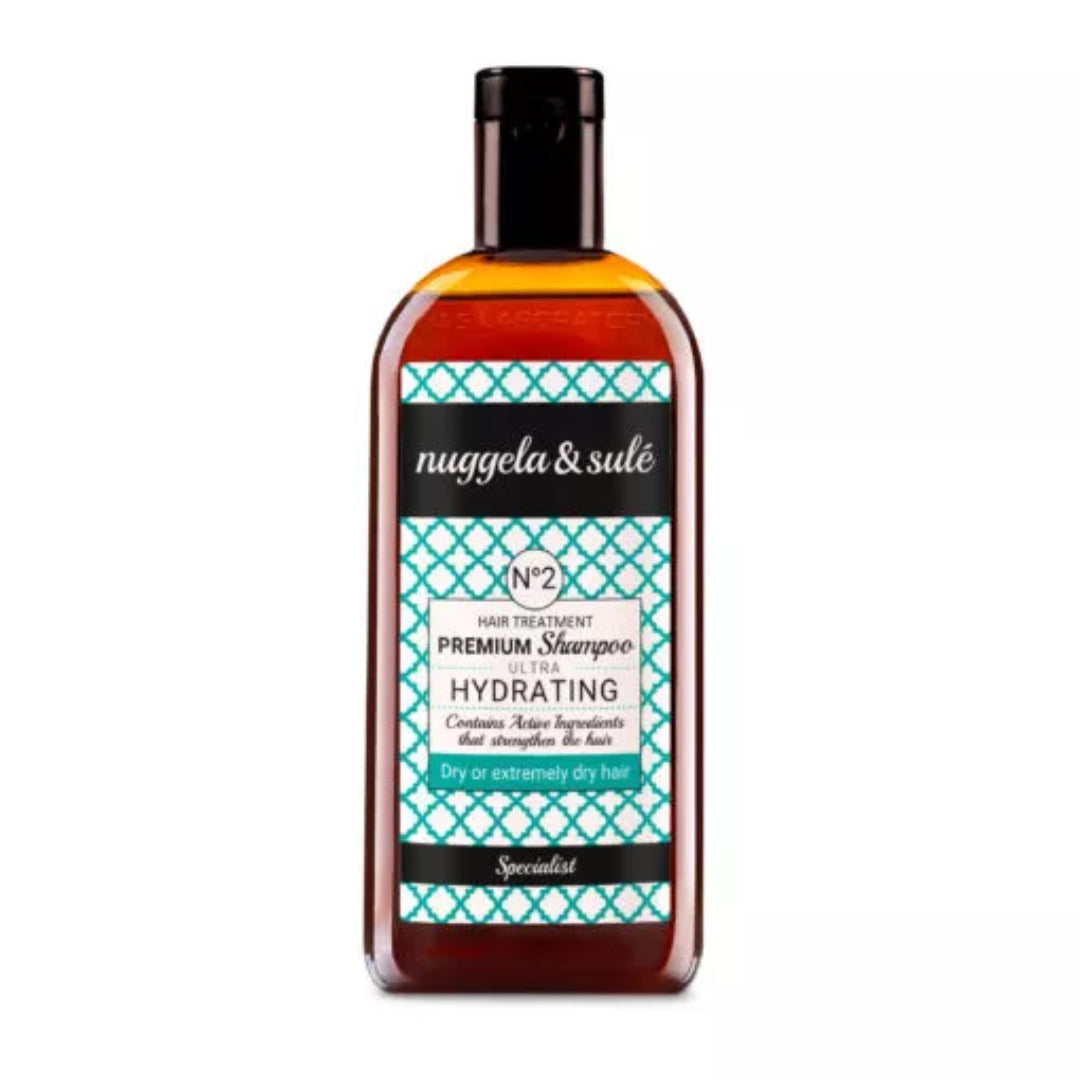 Nuggela & Sulé Shampooing Premium N°2 Ultra Hydratant 250 ml, flacon ambré étiquette turquoise, cheveux secs