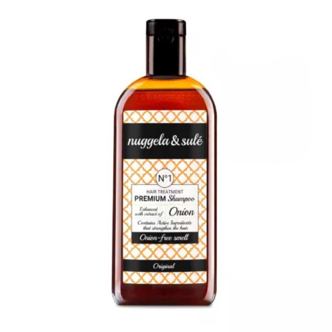 Nuggela & Sulé Shampooing Premium N°1 à l'oignon rouge 250 ml, flacon ambré étiquette motif orange, Original