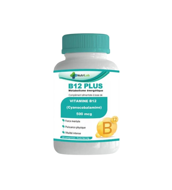 Nutrilab B12 Plus vitamine B12 cyanocobalamine 500 µg, pot blanc à couvercle turquoise de 60 comprimés