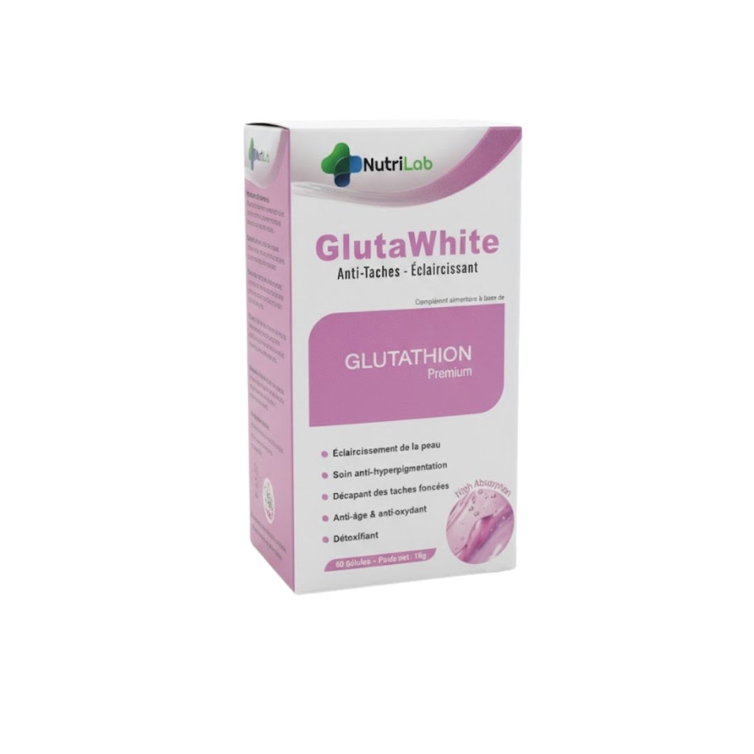 Nutrilab GlutaWhite glutathion premium, étui rose de 60 gélules, complément éclat du teint