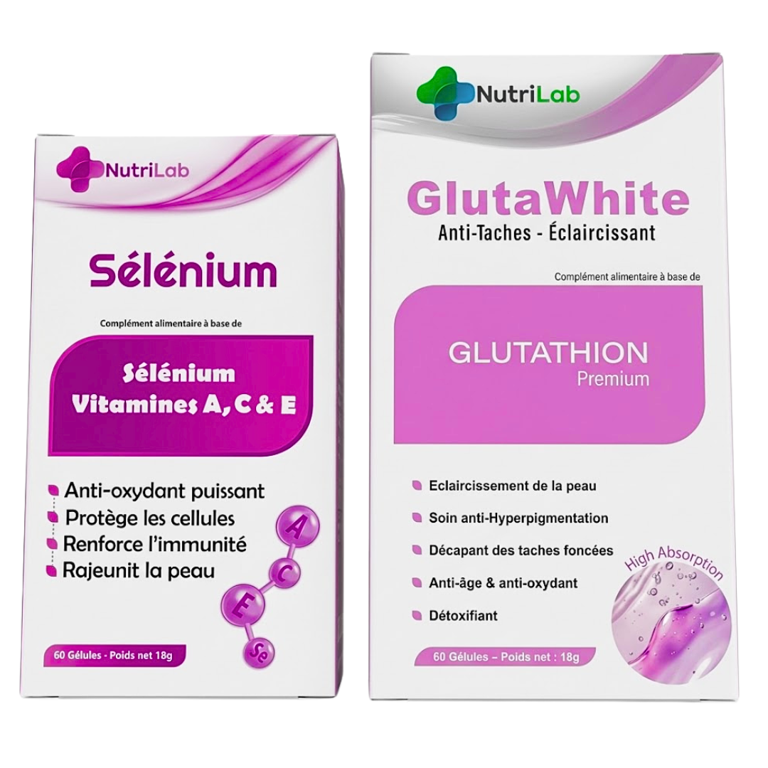 Pack Nutrilab Sélénium vitamines A, C et E et GlutaWhite glutathion, deux étuis de 60 gélules