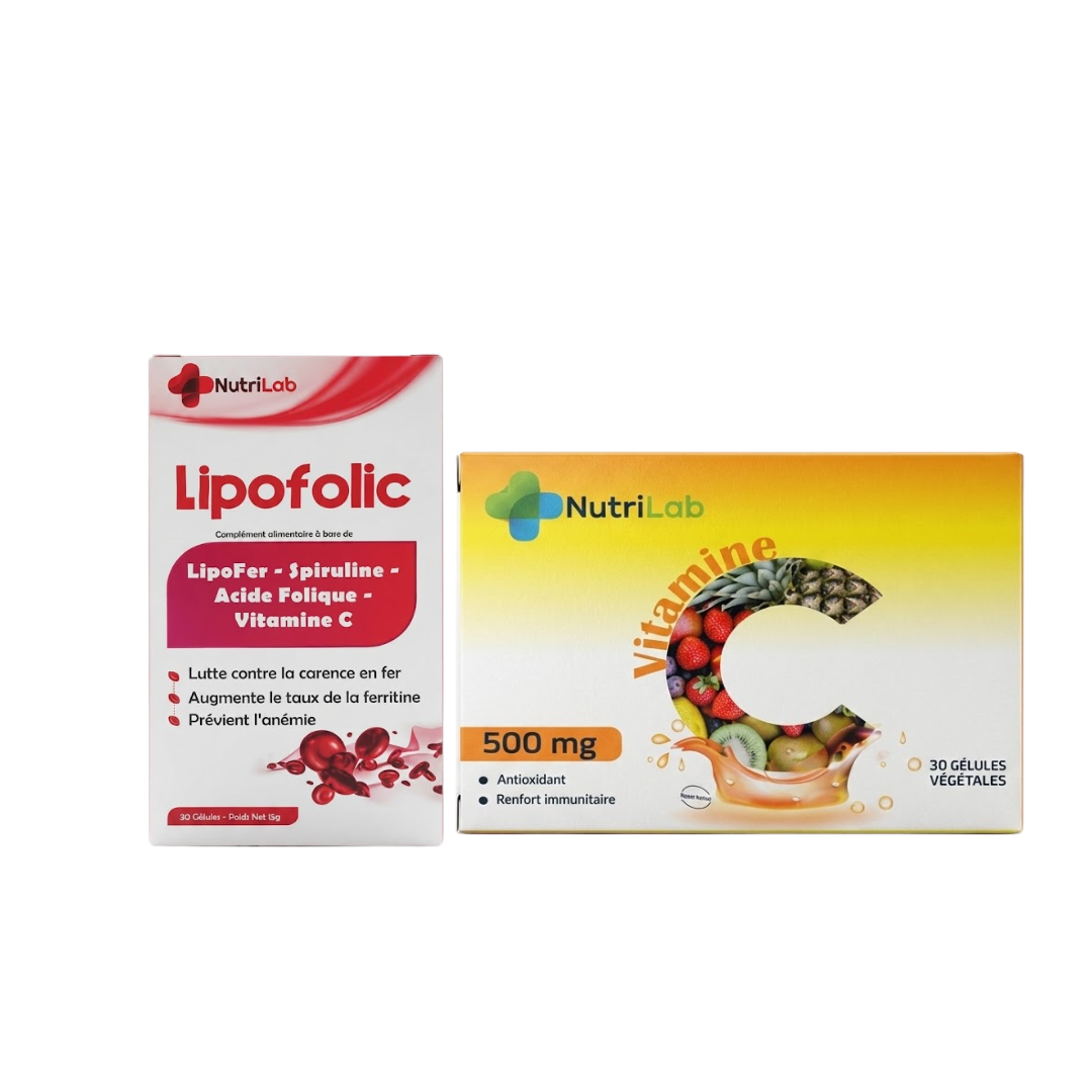 Pack Nutrilab Lipofolic fer liposomal et Vitamine C 500 mg, deux boîtes de 30 gélules
