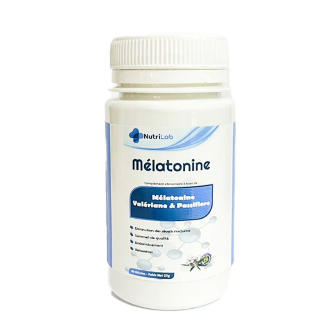 Nutrilab Mélatonine, valériane et passiflore, pot blanc à étiquette bleue de 60 gélules