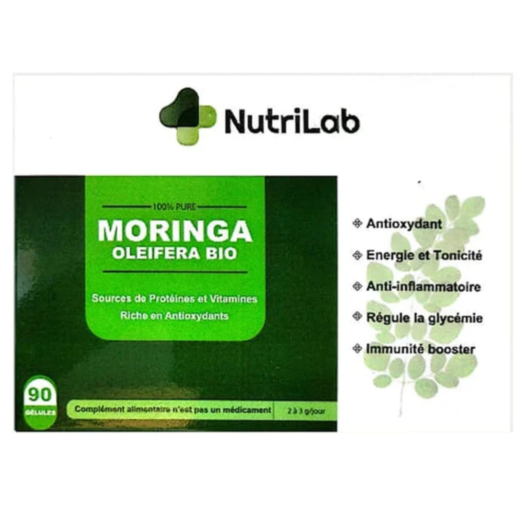 Nutrilab Moringa Oleifera Bio 100 % pur, étui vert de 90 gélules, 2 à 3 g par jour