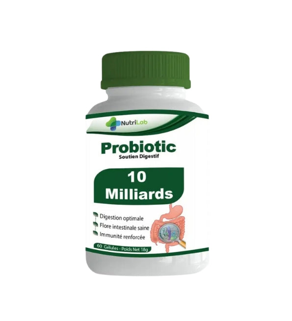 Nutrilab Probiotic 10 milliards, soutien digestif, pot blanc à couvercle vert de 60 gélules
