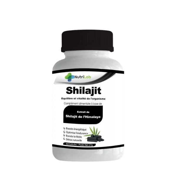 Nutrilab Shilajit extrait de shilajit de l'Himalaya, pot blanc à couvercle noir de 60 gélules