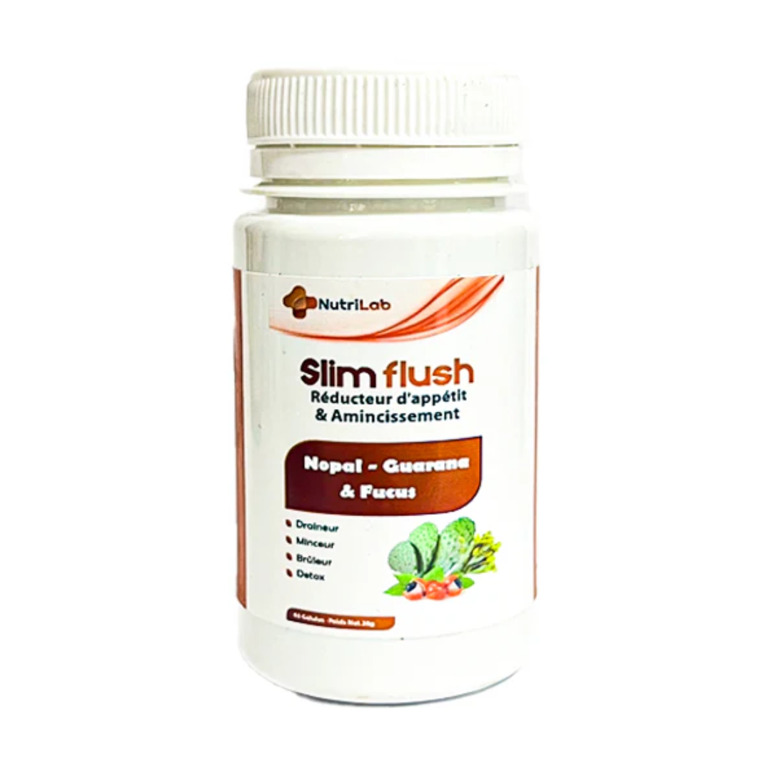 Nutrilab Slim Flush nopal, guarana et fucus, pot blanc à étiquette rouge de 60 gélules