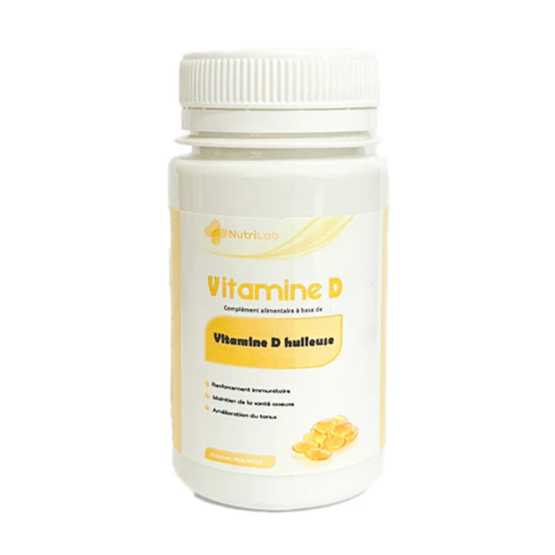 Nutrilab Vitamine D huileuse, pot blanc à étiquette jaune de 30 capsules