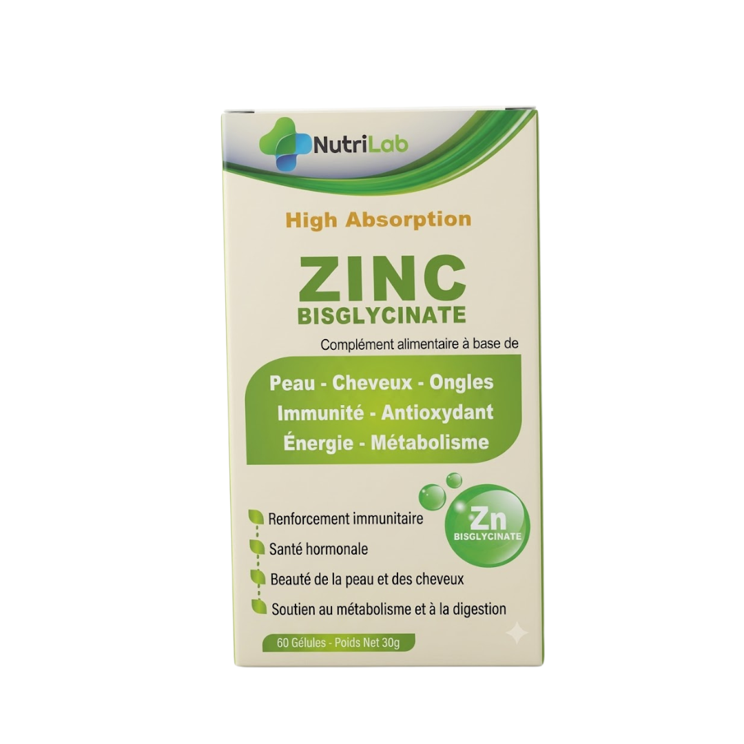 Nutrilab Zinc Bisglycinate haute absorption, étui beige et vert de 60 gélules, peau, cheveux et ongles