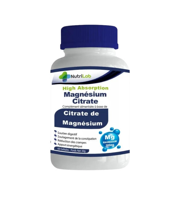 Nutrilab Magnésium Citrate 300 mg haute absorption, pot blanc à couvercle bleu de 60 gélules