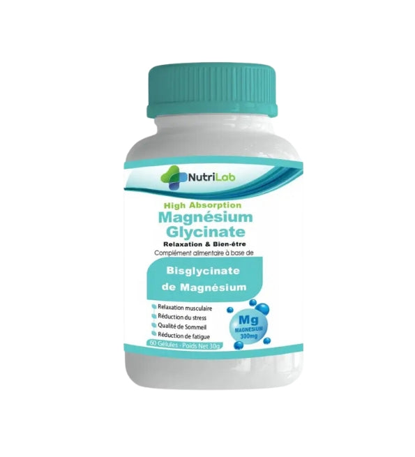 Nutrilab Magnésium Glycinate 300 mg, bisglycinate de magnésium, pot blanc à couvercle turquoise de 60 gélules