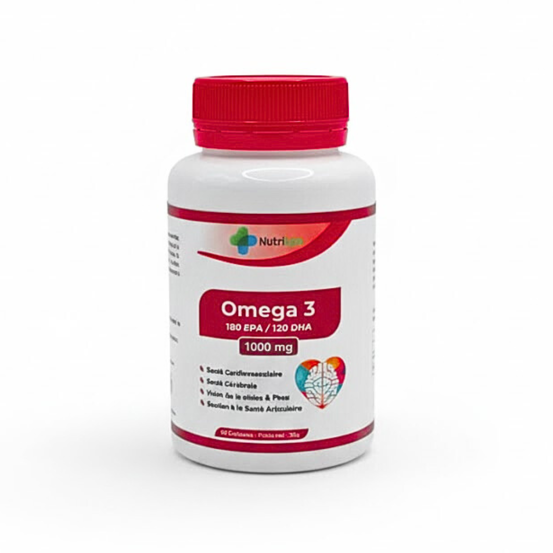 Nutrilab Oméga 3 1000 mg, pot blanc à couvercle rouge de 60 gélules, 180 EPA et 120 DHA