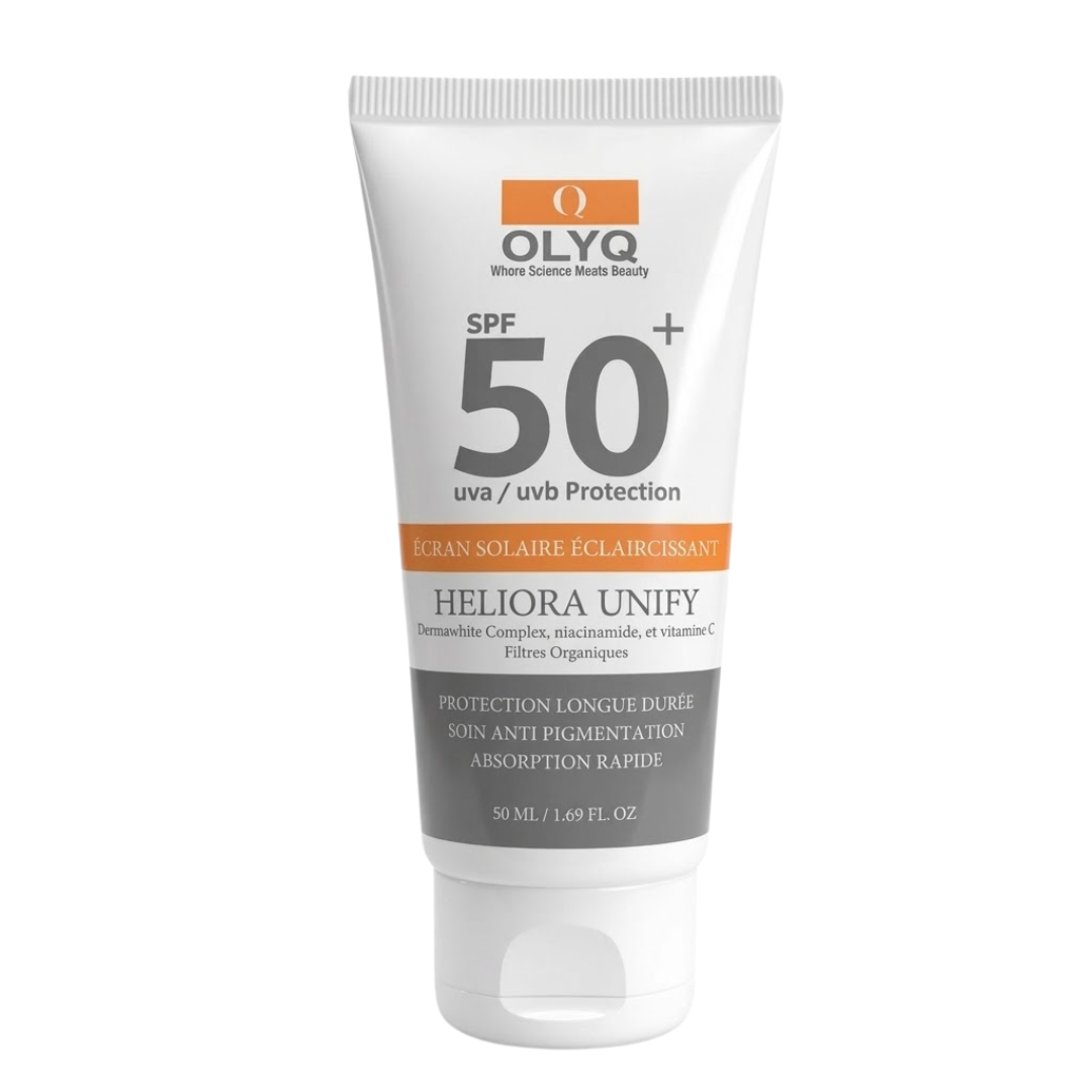 OLYQ Heliora Unify écran solaire éclaircissant SPF50+ 50 ml, tube blanc et orange