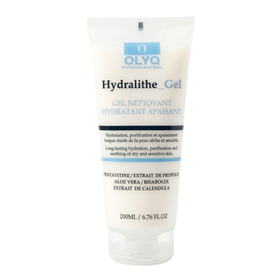 OLYQ Hydralithe gel nettoyant hydratant apaisant 200 ml, tube blanc et bleu clair