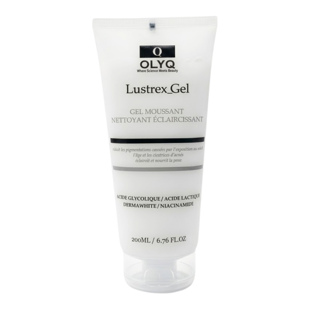 OLYQ Lustrex gel moussant nettoyant éclaircissant 200 ml, tube blanc