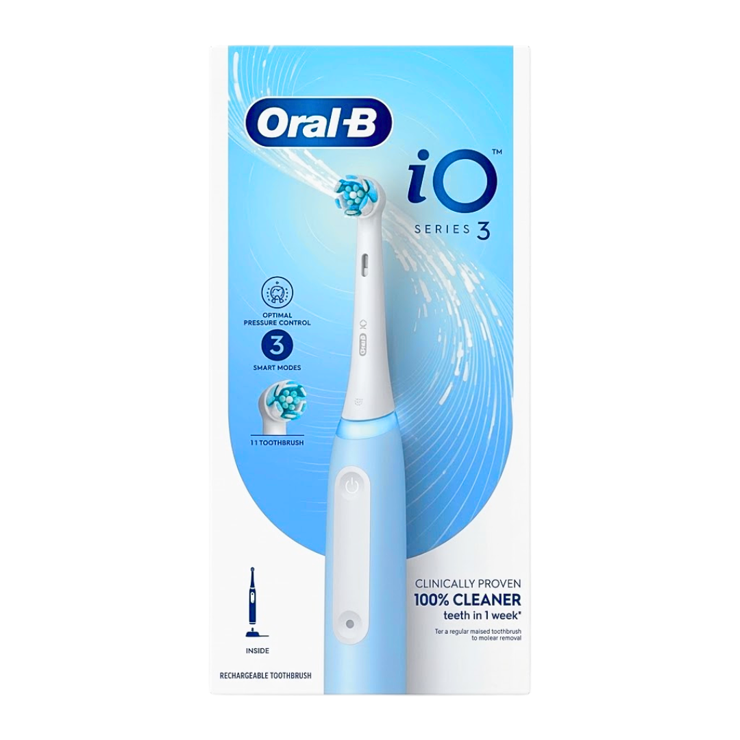Oral-B iO Series 3 Blue — brosse à dents électrique rechargeable avec manche bleu, brossette ronde et socle chargeur