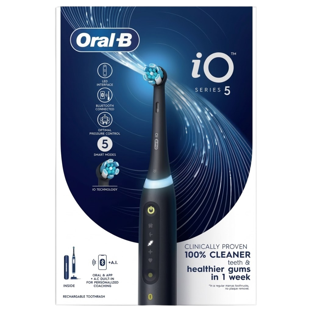Oral-B iO Series 5 Black — brosse à dents électrique rechargeable noire et brossette ronde, soin dents et gencives