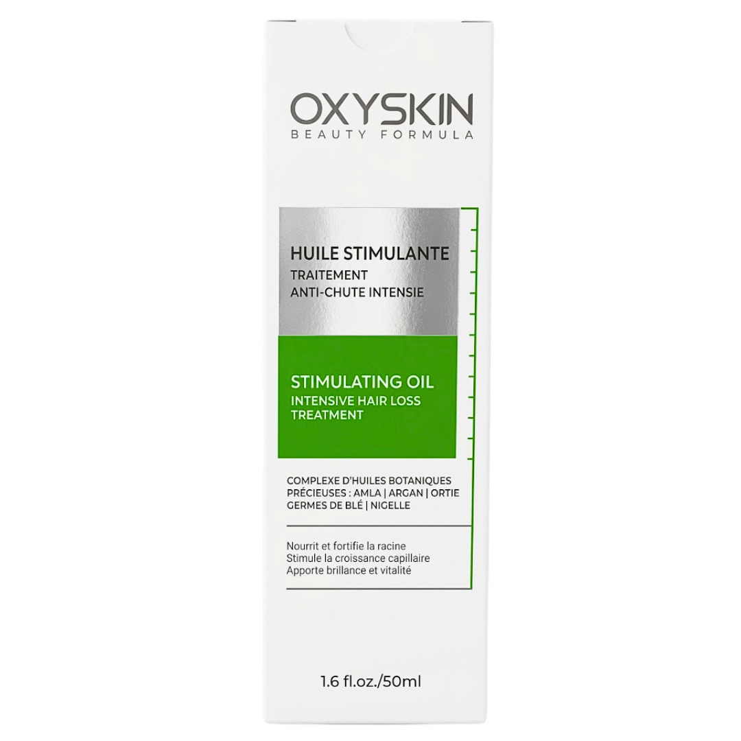 Oxyskin huile stimulante anti-chute intense 50 ml, étui blanc, gris et vert