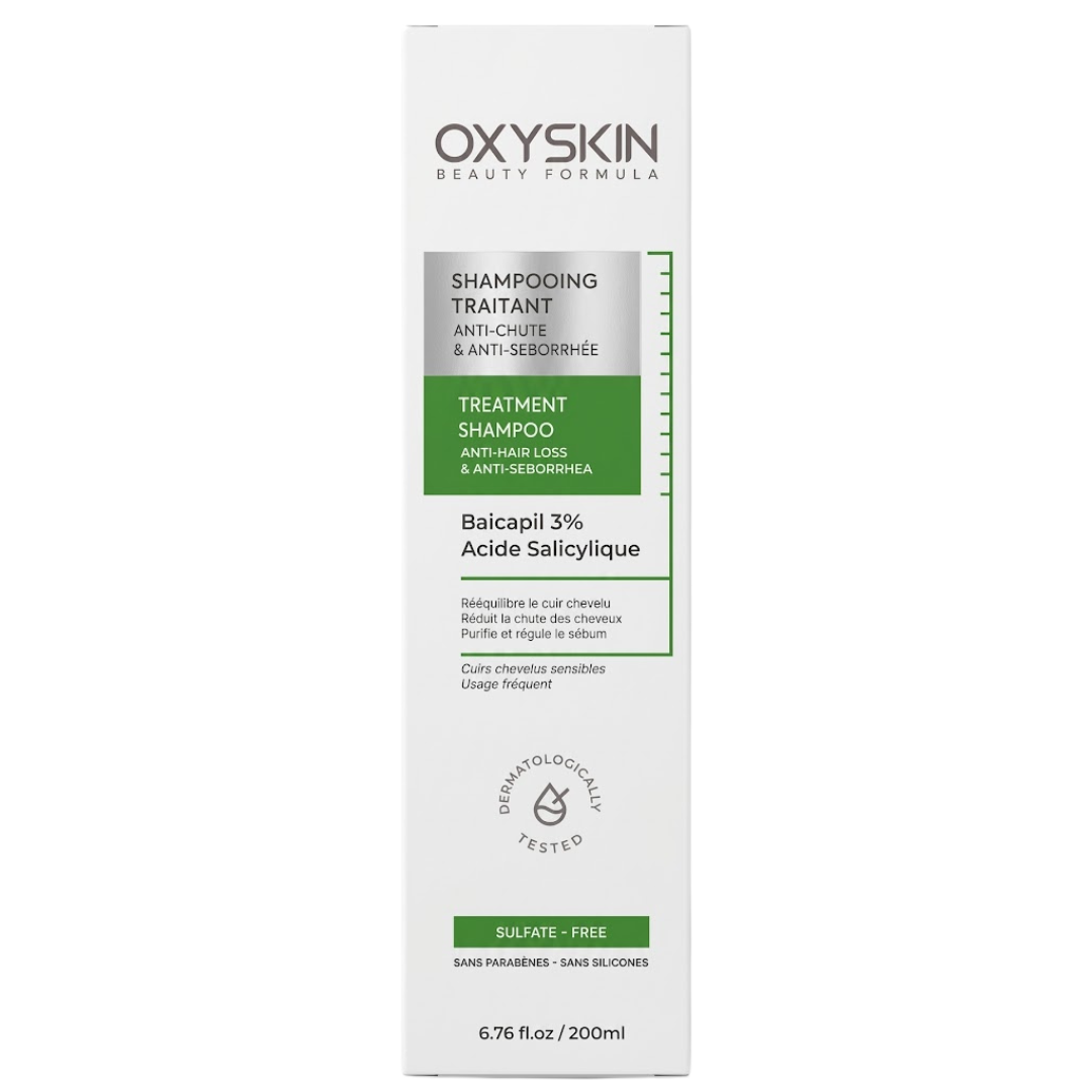 Oxyskin shampooing traitant anti-chute et anti-séborrhée 200 ml, étui blanc, gris et vert