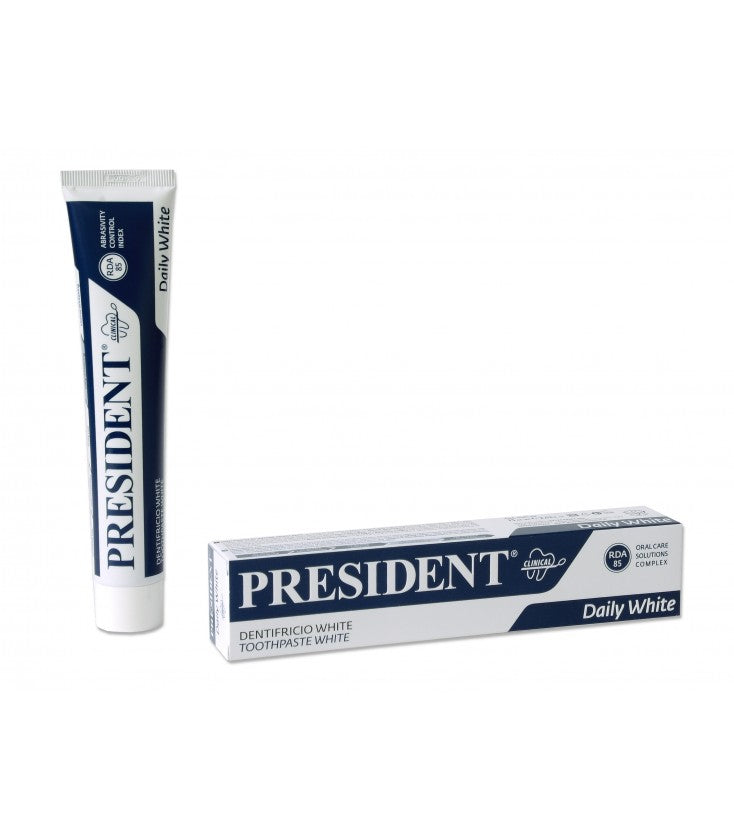 President Daily White dentifrice 75 ml — tube et étui bleu marine, blancheur au quotidien