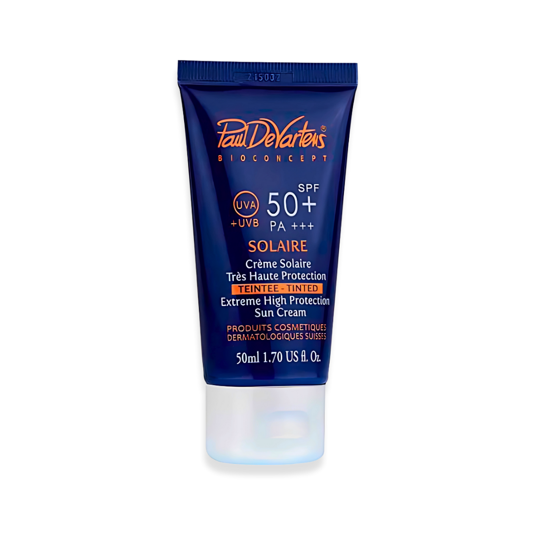 Paul de Vartens Crème Solaire Teintée SPF50+ 50 ml, tube bleu marine, écran solaire visage teinté