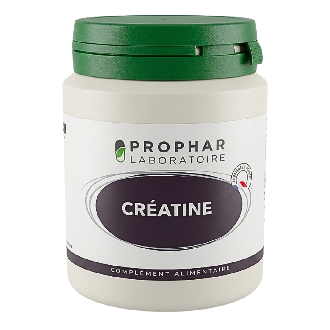 Prophar Créatine, pilulier blanc de 180 gélules à couvercle vert, étiquette prune