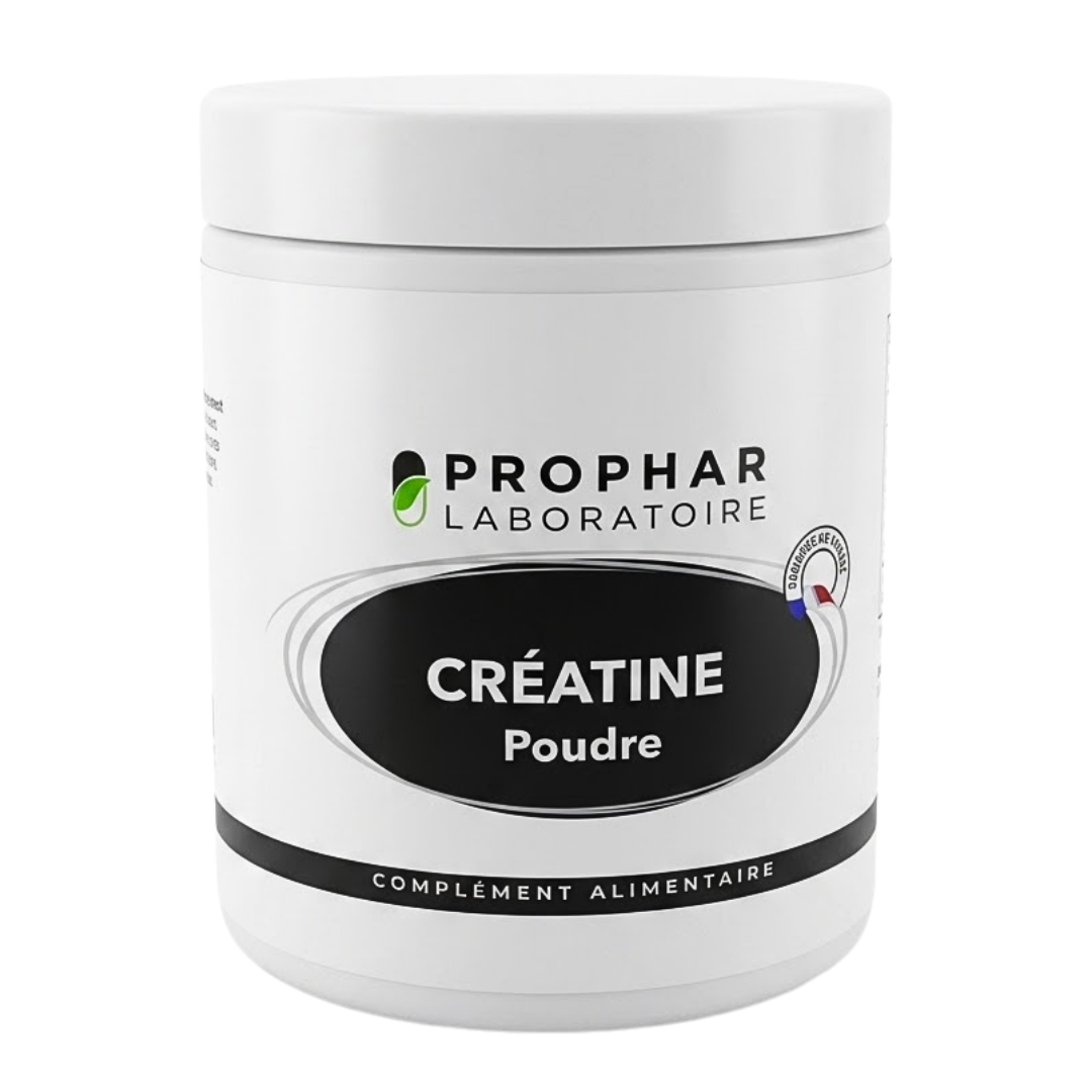 Prophar Créatine en poudre, pot blanc de 200 g, étiquette noire