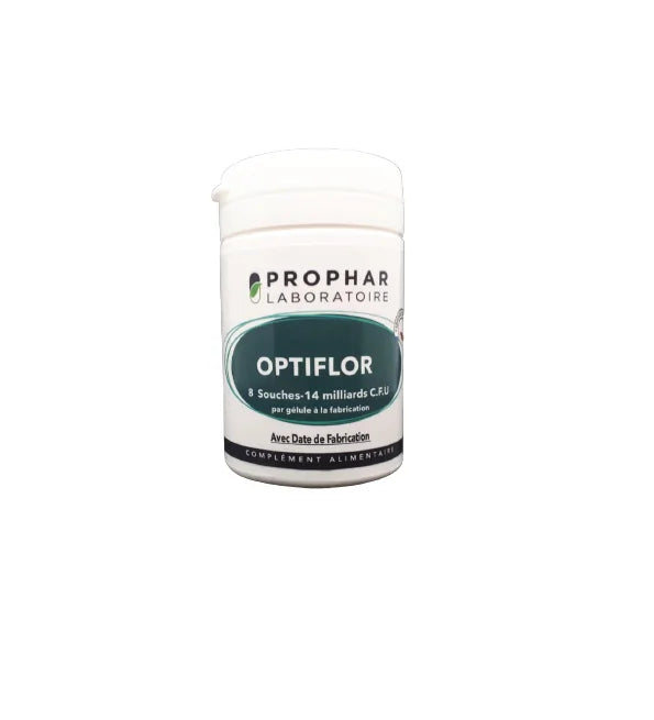 Prophar Optiflor probiotiques 8 souches 14 milliards UFC, pilulier blanc de 30 gélules
