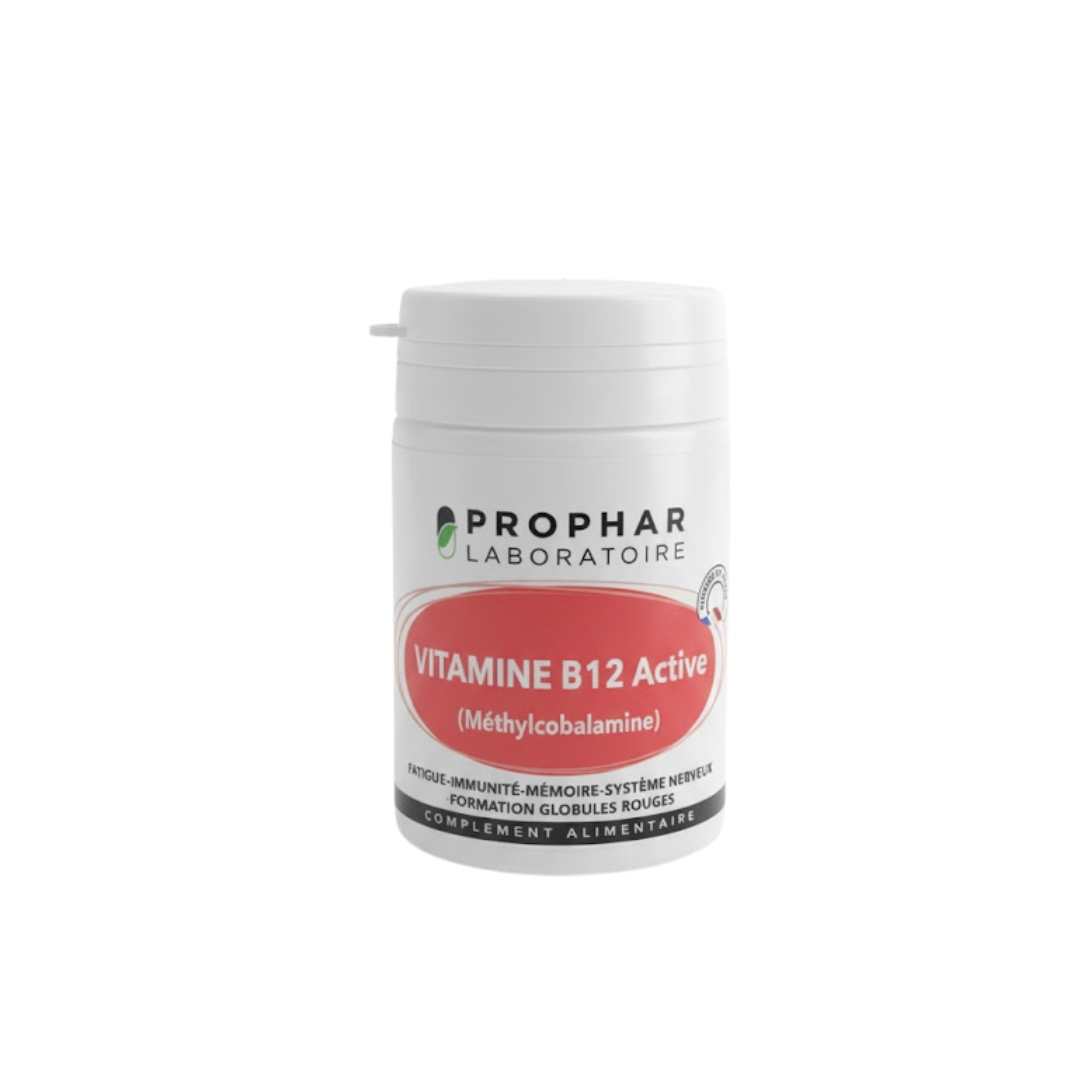 Prophar Vitamine B12 Active méthylcobalamine, pilulier blanc de 30 gélules, étiquette rouge