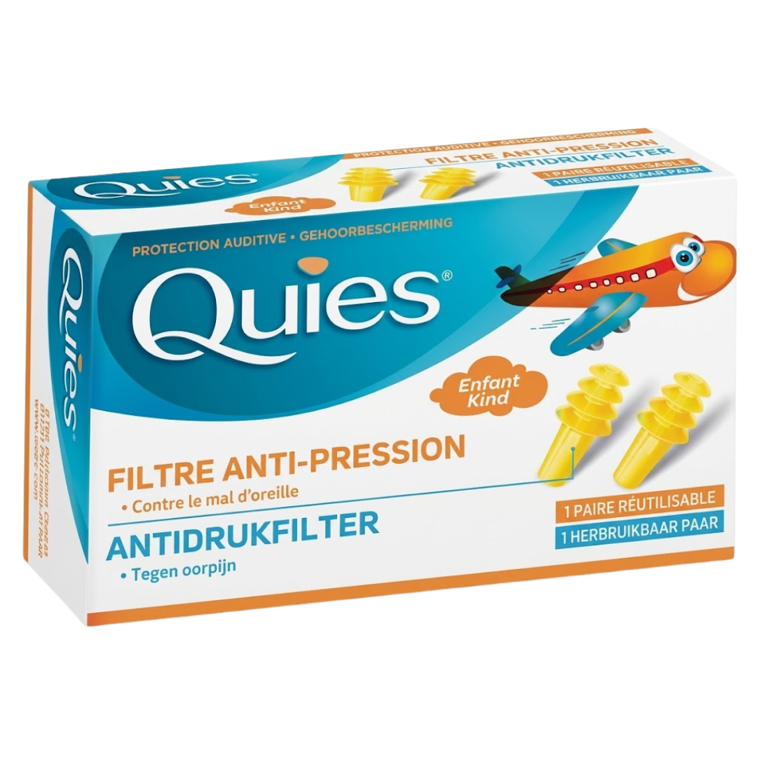 Quies Earplanes Enfant, boîte avec avion et bouchons jaunes, protection auditive anti-pression