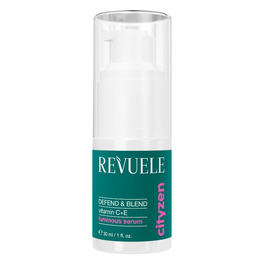 Revuele Cityzen Defend & Blend Luminous Serum 30 ml, flacon pompe vert, sérum éclat vitamine C + E