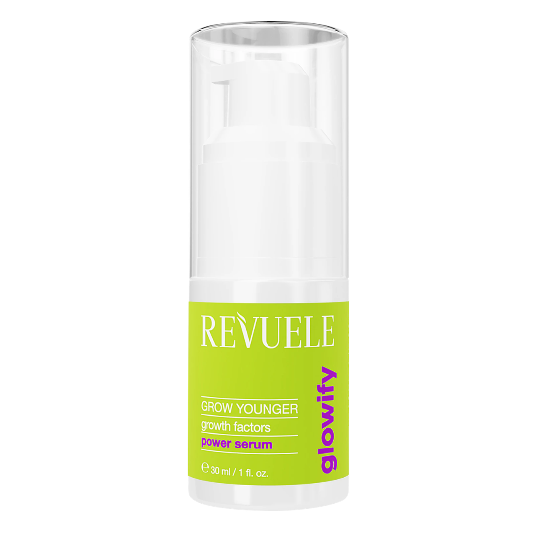 Revuele Glowify Grow Younger Power Serum 30 ml, flacon pompe vert anis, sérum raffermissant aux peptides