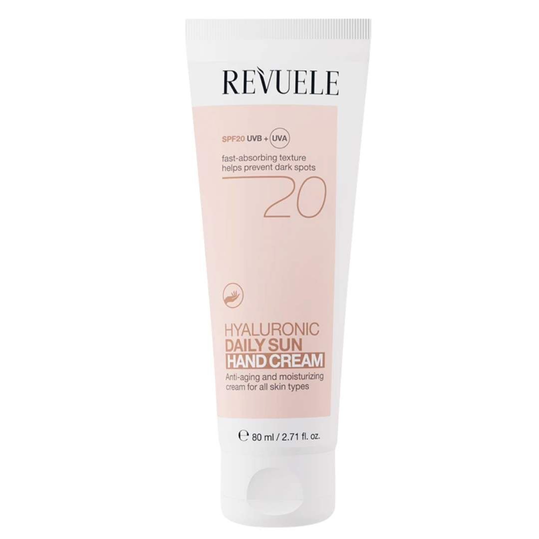 Revuele Hyaluronic Daily Sun Hand Cream SPF20 80 ml, tube rose pâle, crème mains protectrice