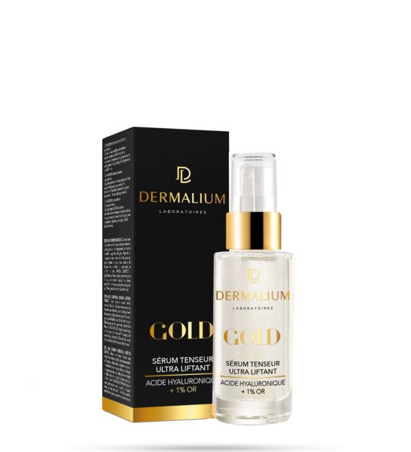 Dermalium Gold sérum tenseur ultra liftant 30 ml, flacon pompe doré et sa boîte noire