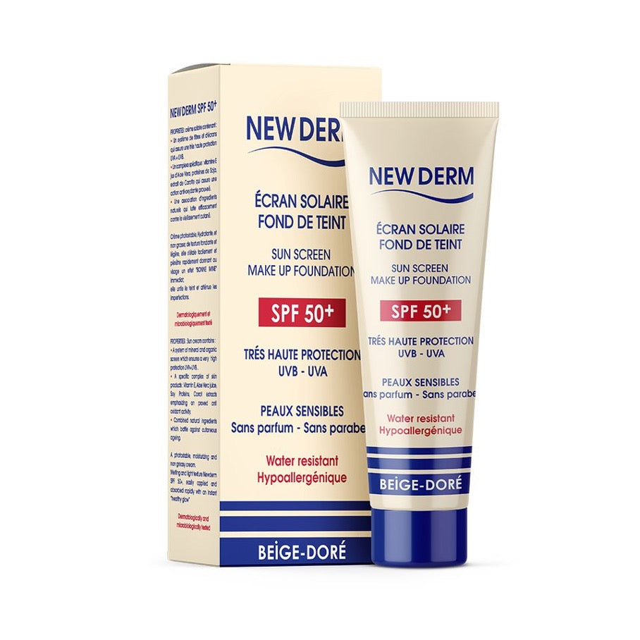 New Derm Écran SPF 50+ Beige Doré Crème Solaire Teintée 50ml