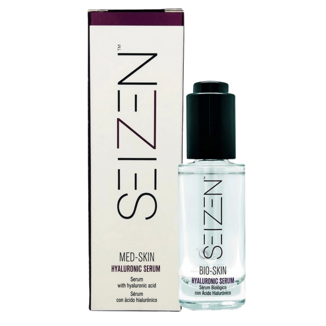 Seizen Hyaluronic Serum 30 ml, flacon compte-gouttes et boîte blanche et prune