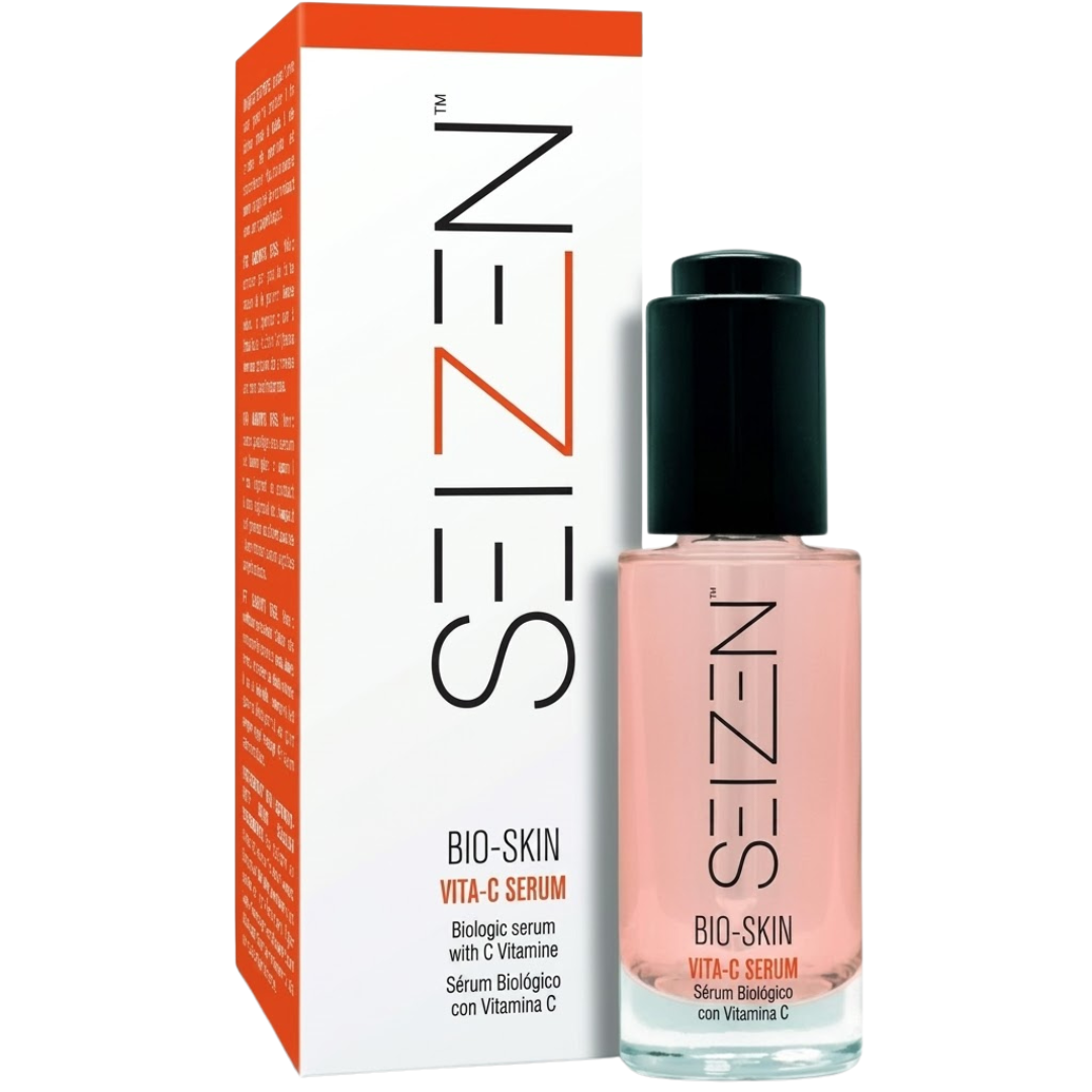 Seizen Bio-Skin Vita-C Serum 30 ml, flacon compte-gouttes rose et boîte orange