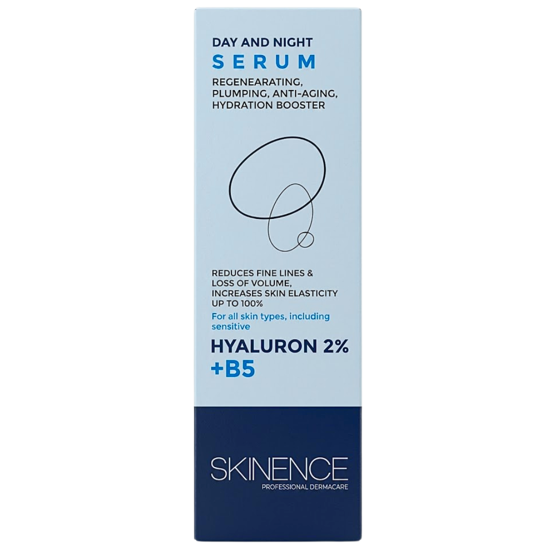 Skinence Sérum Hyaluron 2% + B5 30 ml, boîte bleu clair et marine, sérum hydratant jour et nuit