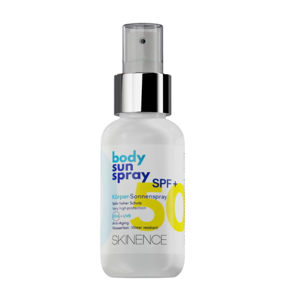 Skinence Body Sun Spray SPF50+ 100 ml, flacon spray blanc chiffres jaunes, solaire corps